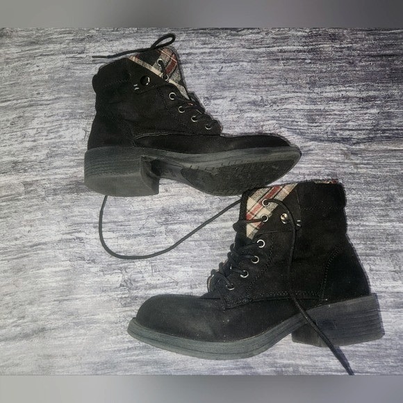 Rock & Candy Black Ankle Boots Plaid Lined Lace‎ Up Chunky Heel Grunge - Picture 2 of 11